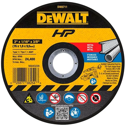 DISCO DE CORTE ABRASIVO HP3 X1/6X3/8 3PCS DW8711P3 DEWALT