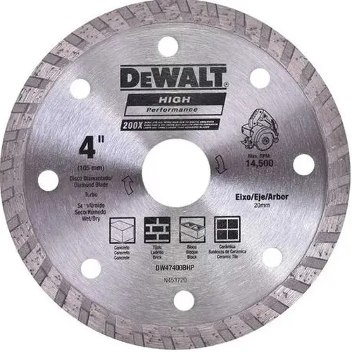 DISCO DIAMANTADO 4" 105MM TURBO - FURO 20MM PARA USO EM SERRA MÁRMORE - DEWALT DW47400BHP