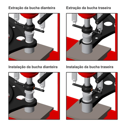 Conjunto com 5 peças para extrair e instalar, em prensa, as buchas dos braços oscilantes de suspensão dianteira veiculos Nissan 233002 RAVEN 