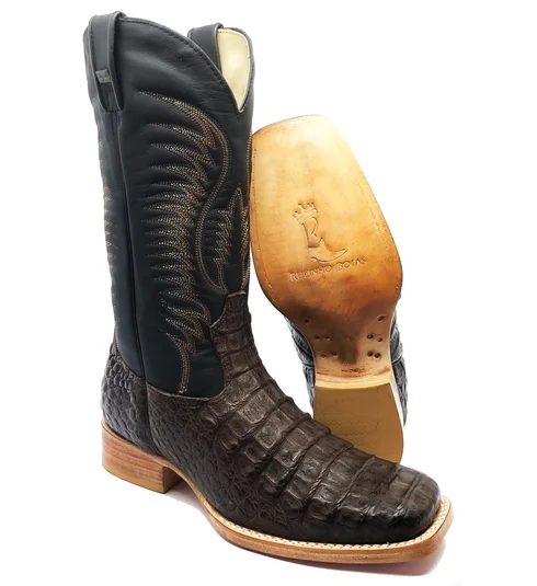 Bota Reizinho Premium De Couro De Jacaré Marrom Limited Edition - Cano Alto, Bico Quadrado, Solado De Couro Artesanal