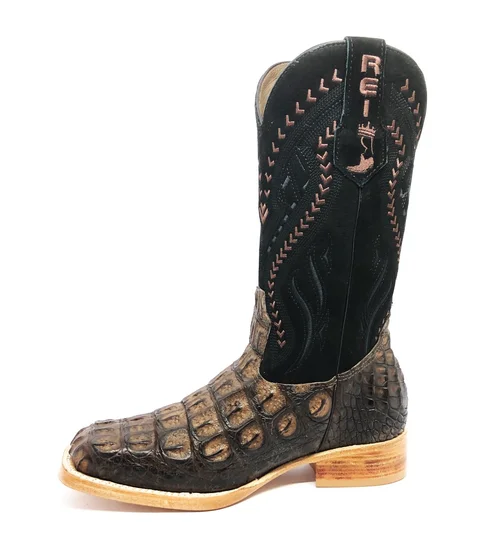 Bota Reizinho Premium De Couro De Jacaré Marrom LImited Edition - Cano Alto, Bico Quadrado, Solado De Couro Artesanal