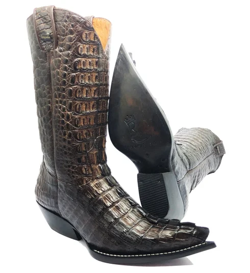 Bota Reizinho Premium Couro Jacaré Marrom Rabo Limited Edition - Cano Alto, Bico Fino, Solado De Couro Artesanal