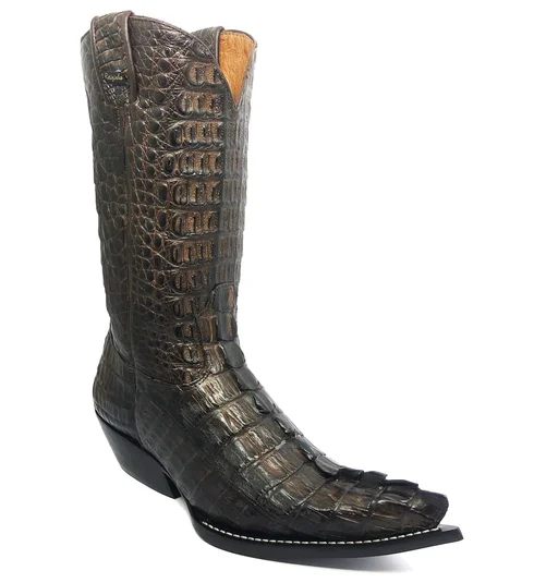 Bota Reizinho Premium Couro Jacaré Marrom Rabo Limited Edition - Cano Alto, Bico Fino, Solado De Couro Artesanal
