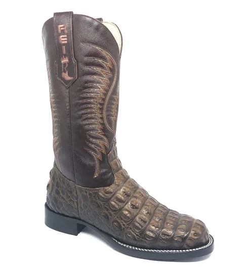 Bota Reizinho Premium Couro De Jacaré Marrom Limited Edition - Cano Alto, Bico Redondo, Solado De Couro Artesanal