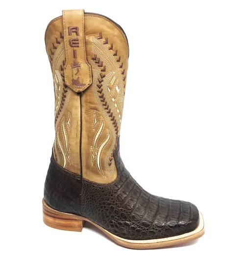 Bota Reizinho Premium Couro De Jacaré Marrom Limited Edition - Cano Alto, Bico Quadrado, Solado De Couro Artesanal