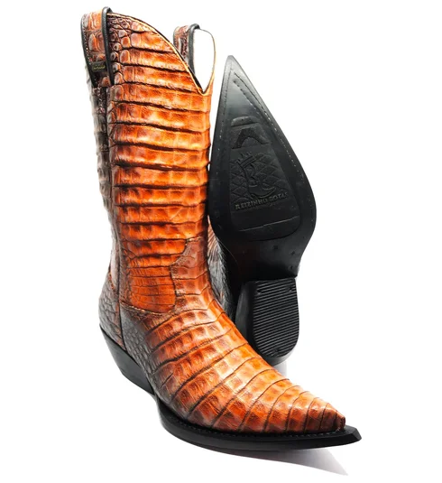 Bota Reizinho Premium Couro De Jacaré Darkness Orange Limited Edition - Cano Alto, Bico Fino, Solado Couro Injetado Artesanal
