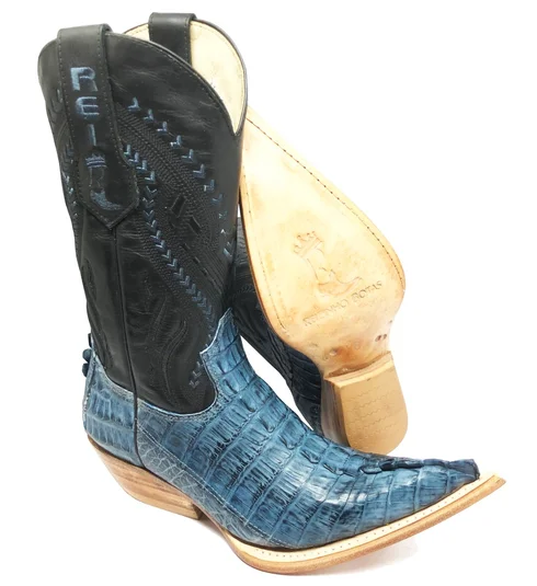Bota Reizinho Premium Couro De Jacaré Blue Stone Rabo Limited Edition - Cano Alto, Bico Fino, Solado Couro Artesanal