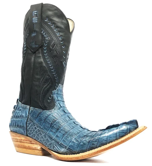 Bota Reizinho Premium Couro De Jacaré Blue Stone Rabo Limited Edition - Cano Alto, Bico Fino, Solado Couro Artesanal
