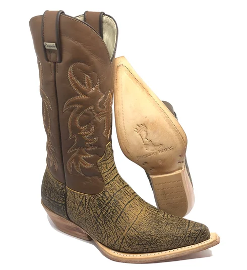 Bota Reizinho Premium Couro Bovino Imitação Elefante Black Cognac Limited Edition - Cano Alto, Bico Fino, Solado Couro Artesanal
