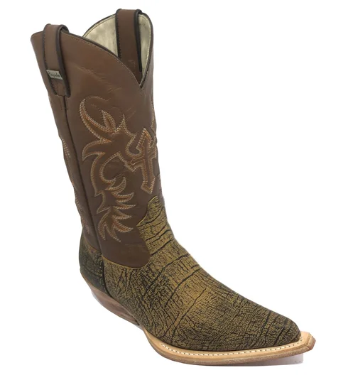 Bota Reizinho Premium Couro Bovino Imitação Elefante Black Cognac Limited Edition - Cano Alto, Bico Fino, Solado Couro Artesanal