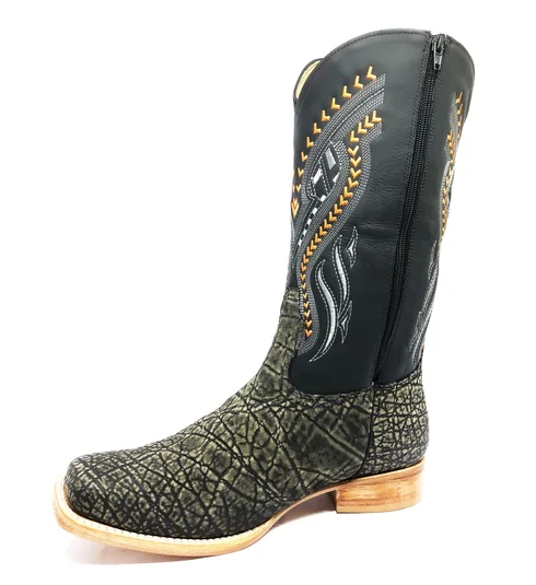 Bota Reizinho Premium Couro De Elefante Cinza Natural Limited Edition - Cano Alto, Bico Quadrado, Solado De Couro Artesanal