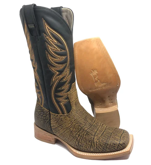 Bota Reizinho Premium Couro Bovino Imitação Elefante Black Cognac Limited Edition - Cano Alto, Bico Quadrado, Solado Cou