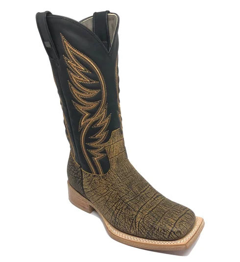 Bota Reizinho Premium Couro Bovino Imitação Elefante Black Cognac Limited Edition - Cano Alto, Bico Quadrado, Solado Cou