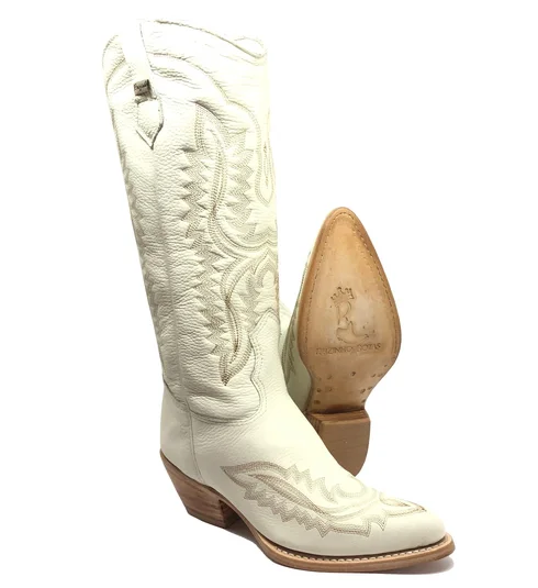Bota Reizinho Western Premium Couro Bovino Off White Limited Edition - Cano Alto, Bico Fino Arredondado, Solado Couro Ar