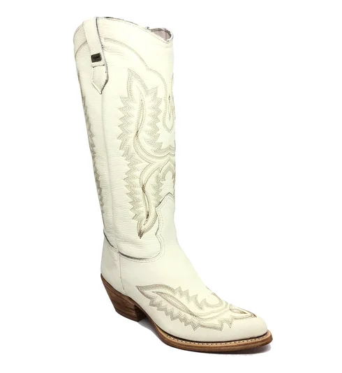 Bota Reizinho Western Premium Couro Bovino Off White Limited Edition - Cano Alto, Bico Fino Arredondado, Solado Couro Ar