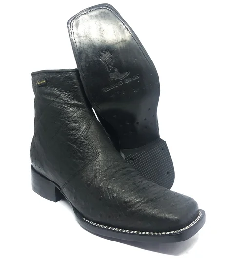 Bota Reizinho Premium Couro De Barriga De Avestruz Preta Limited Edition - Cano Curto, Bico Quadrado Solado Couro Artesanal