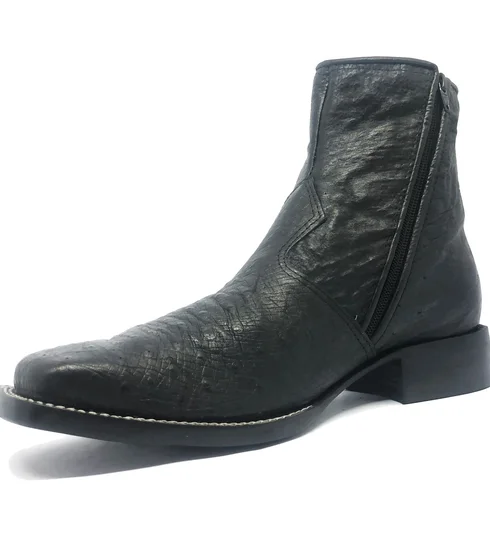 Bota Reizinho Premium Couro De Barriga De Avestruz Preta Limited Edition - Cano Curto, Bico Quadrado Solado Couro Artesanal