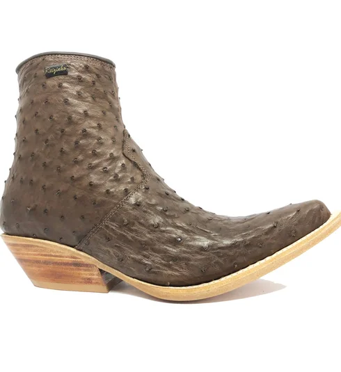 Bota Reizinho Premium Couro De Avestruz Cheio Marrom Limited Edition - Cano Curto, Bico Fino, Solado Couro Artesanal