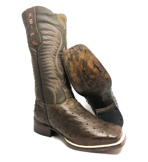 Bota Reizinho Premium Couro De Avestruz Cheio Marrom Limited Edition - Cano Alto, Bico Quadrado, Solado Couro Artesanal