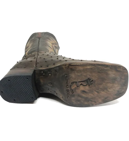 Bota Reizinho Premium Couro De Avestruz Cheio Marrom Limited Edition - Cano Alto, Bico Quadrado, Solado Couro Artesanal