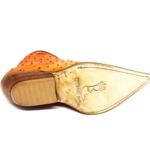 Bota Reizinho Premium Couro De Avestruz Cheio Laranja Limited Edition - Cano Curto, Bico Fino, Solado Couro Artesanal