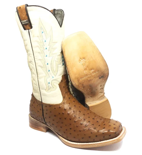 Bota Reizinho Premium Couro De Avestruz Conhaque Limited Edition - Cano Alto, Bico Quadrado, Solado Couro Artesanal