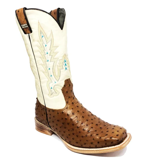 Bota Reizinho Premium Couro De Avestruz Conhaque Limited Edition - Cano Alto, Bico Quadrado, Solado Couro Artesanal