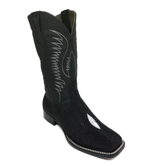 Bota Reizinho Premium Couro De Arraia Preta Limited Edition - Cano Alto, Bico Quadrado, Solado De Couro Artesanal