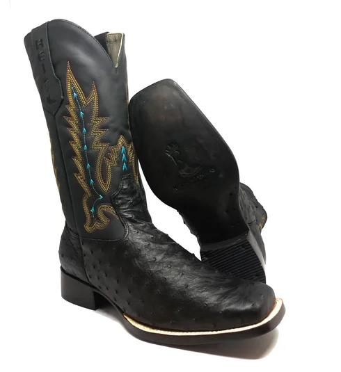 Bota Reizinho Premium Couro De Avestruz Cheio Preto Limited Edition - Cano Alto, Bico Quadrado, Solado Couro Artesanal