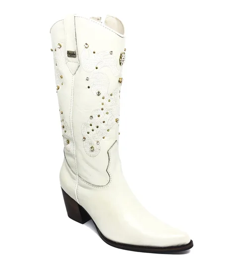 Bota Reizinho Premium Feminina De Couro Bovino - Bege Off White Limited Edition - Cano Alto e Bico Fino