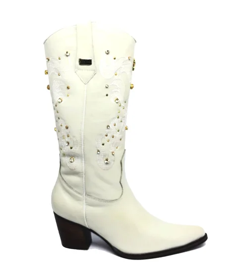 Bota Reizinho Premium Feminina De Couro Bovino - Bege Off White Limited Edition - Cano Alto e Bico Fino