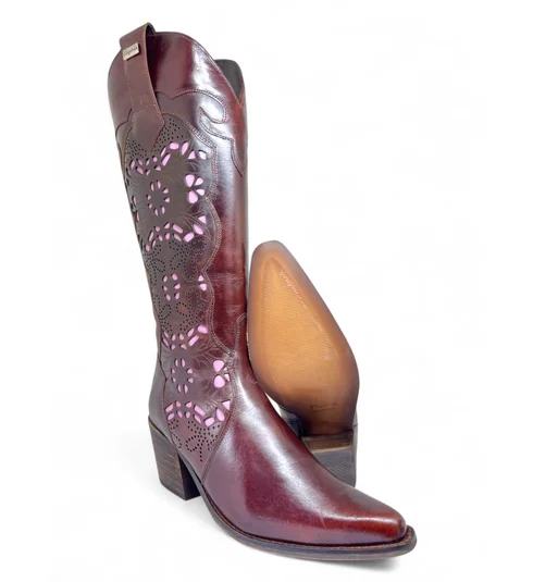 Bota Texana Feminina Reizinho De Couro Bovino Marrom - Cano Alto, Bico Fino